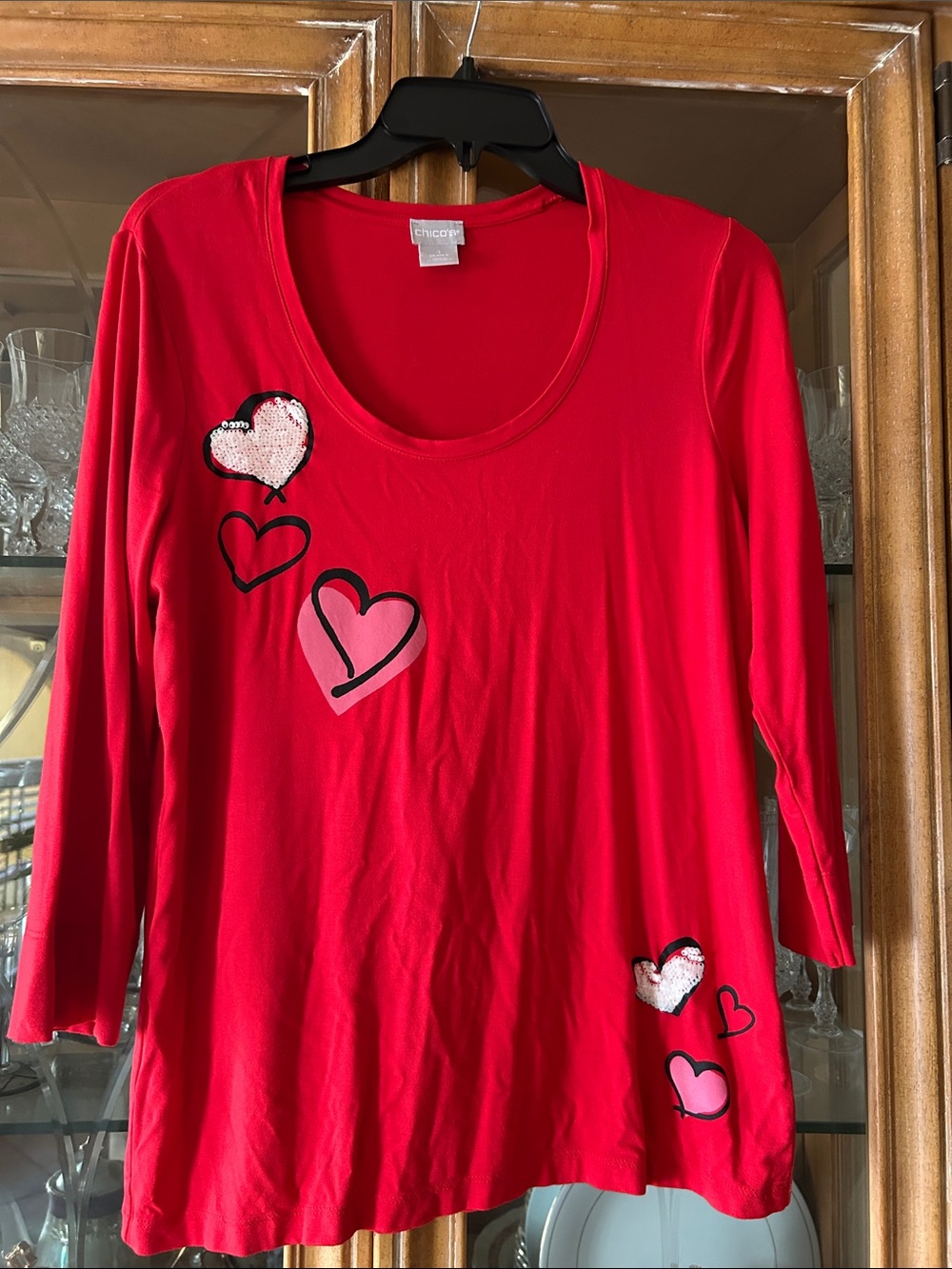 Chico's Bright Red Crewneck Top with Sequin hearts